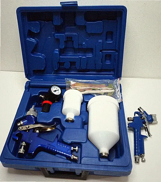 AIR SPRAY GUN SPRAYER X2 HVLP H2008 GRAVITY FED CUPS GAUGE CARRYING CASE