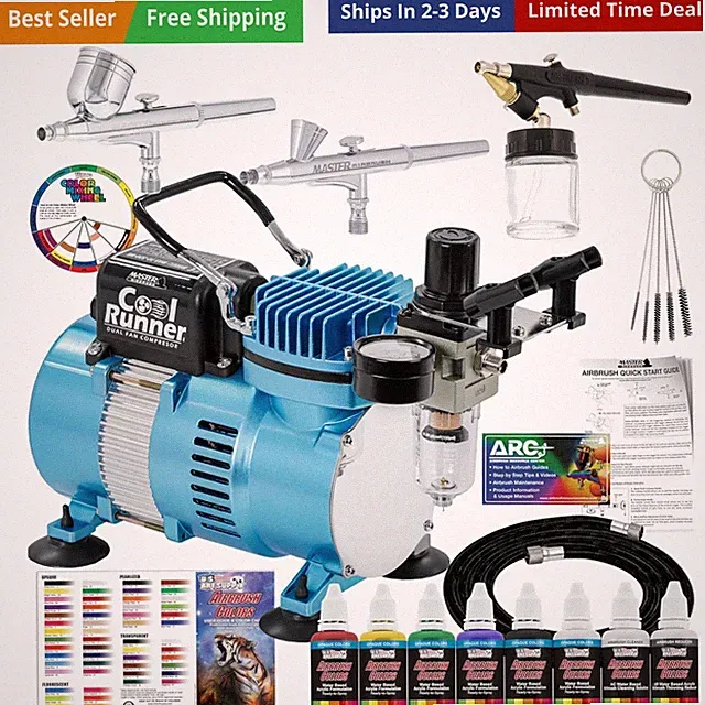 Cool Runner II Air Brush Kit with Air Compressor Dual Fan, 3 Airbrushes, 6 Co...