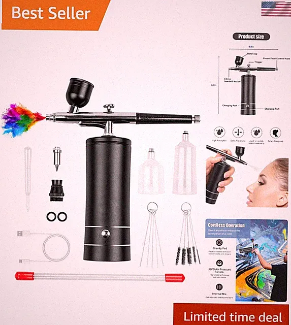 Cordless Rechargeable Airbrush Kit with High-Pressure Compressor & Cleaning Set