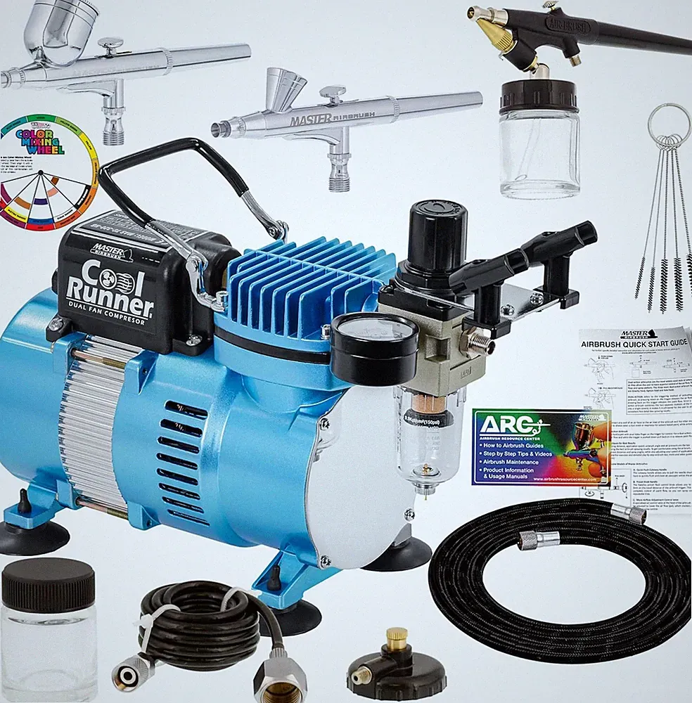 Master Airbrush Cool Runner II Airbrush Kit with Dual Fan Air Compressor, 3
